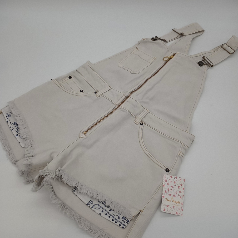 Free‎ People Sunkissed Jean Cut-Off Short Overall Off-White